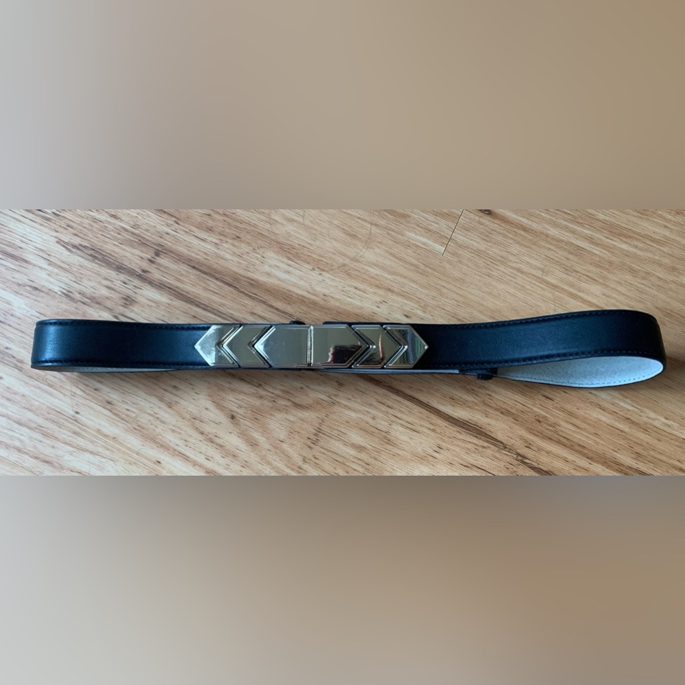 White House black market black leather belt with gold tone detail M/L